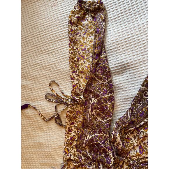 RAGA Bohemian Slit Sleeve Cold Shoulder Gold & Purple Floral Mini Dress Size XS - Picture 12 of 16